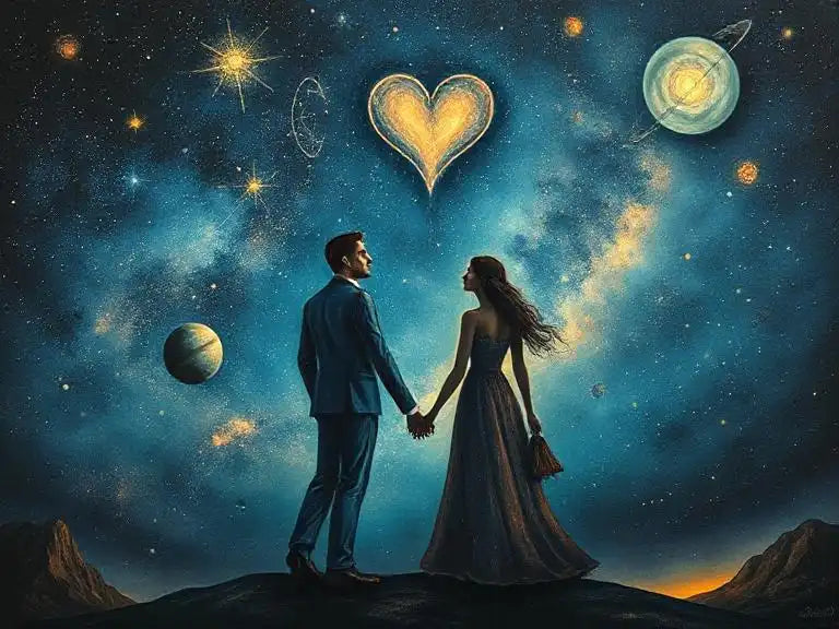 A couple holding hands under a starry sky with heart-shaped constellations and aligned planets, symbolizing astrology’s influence on love.