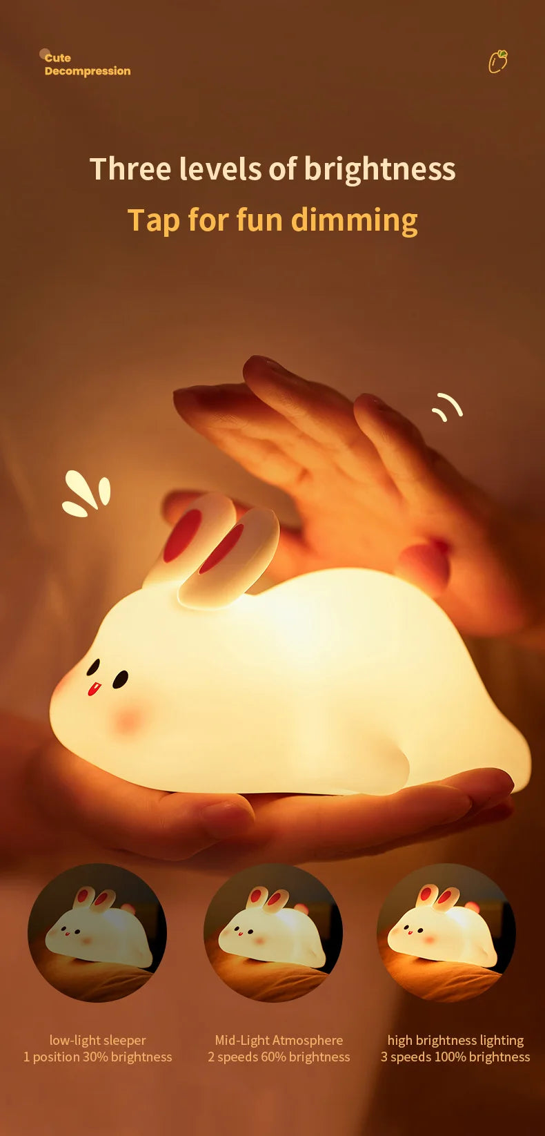 Cute Rabbit-Shaped Silicone Night Light – USB Rechargeable & Eye-Friendly
